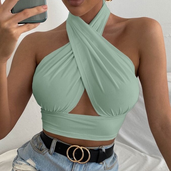 BellanBlue Tops - Boho Mint Green Ruffle Wrap Halter Crop Top
